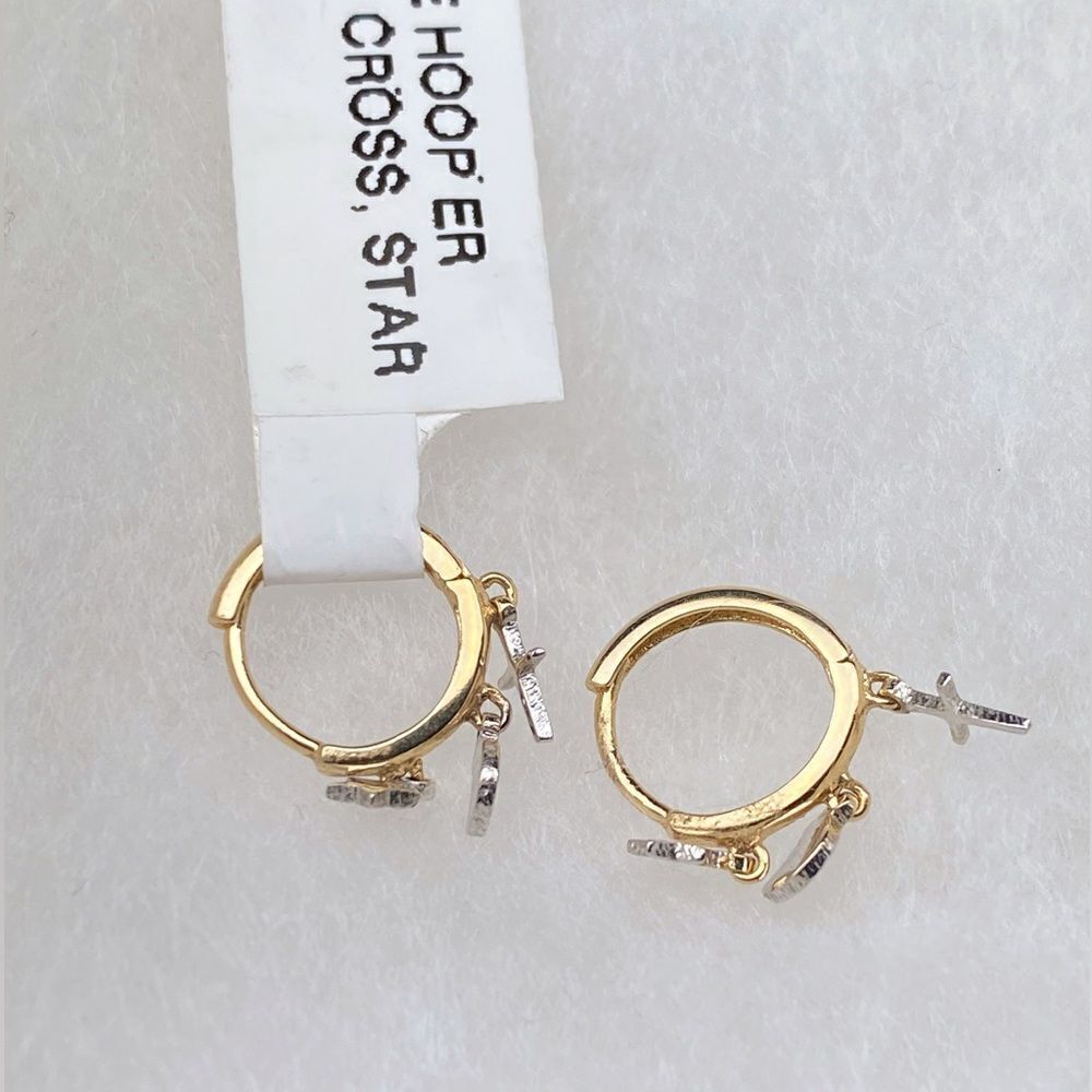 Carla Nancy B. 14k Gold Huggie Hoop earrings with star and cross charm